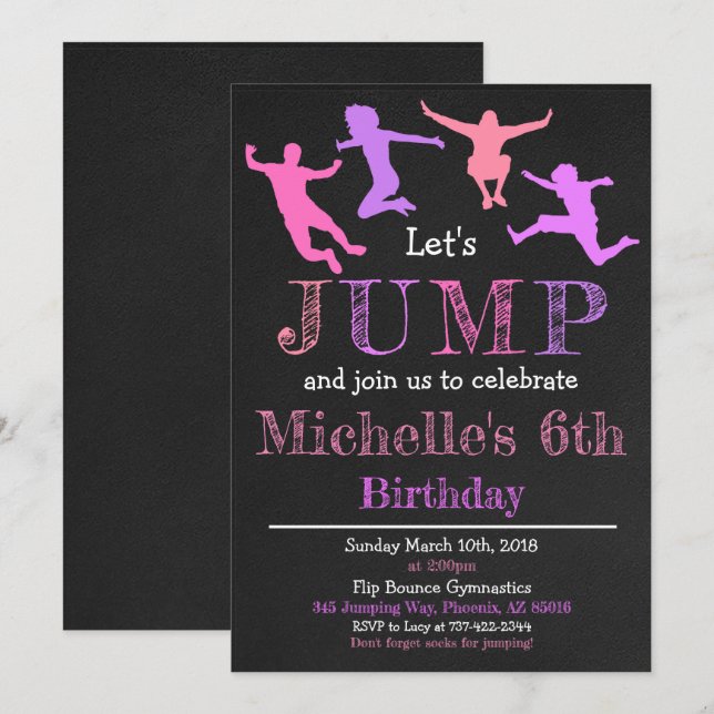 Jump Gymnastics Flip Chalkboard Girl Birthday Invitation (Front/Back)