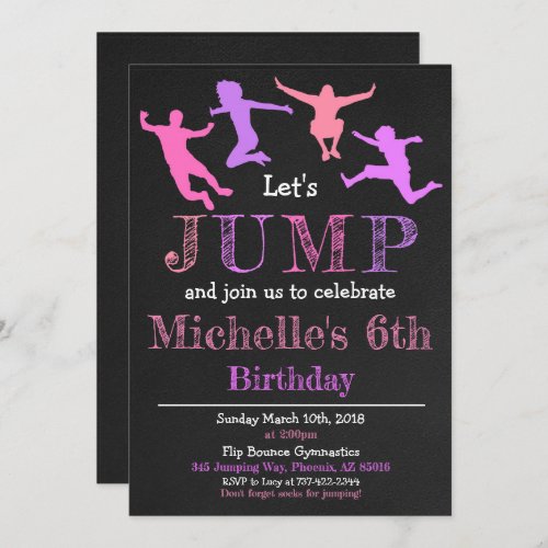 Jump Gymnastics Flip Chalkboard Girl Birthday Invitation