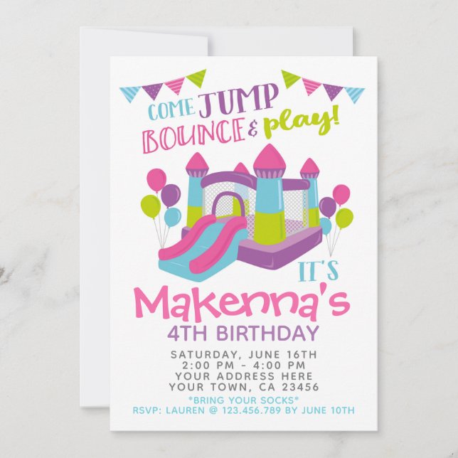 Jump Invitation, Girl Trampoline Birthday Party Invitation (Front)