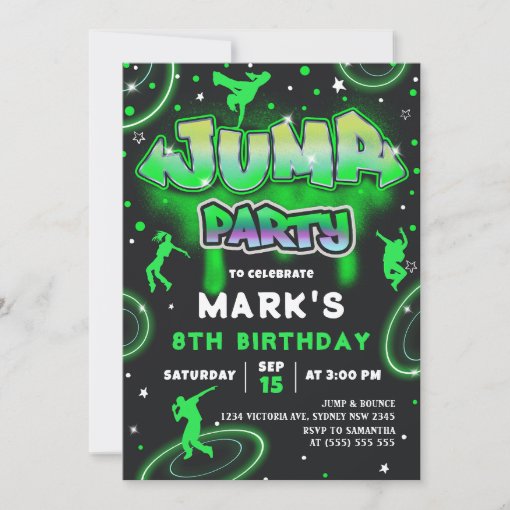 Jump Neon Trampoline Birthday Party Invitation | Zazzle