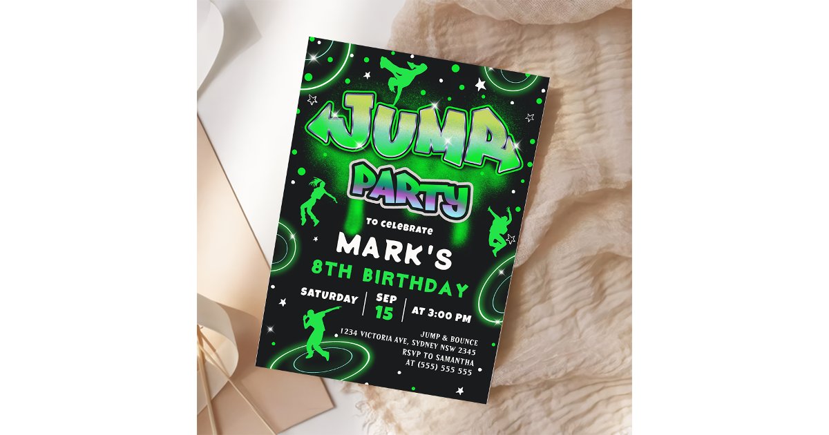Jump Neon Trampoline Birthday Party Invitation | Zazzle