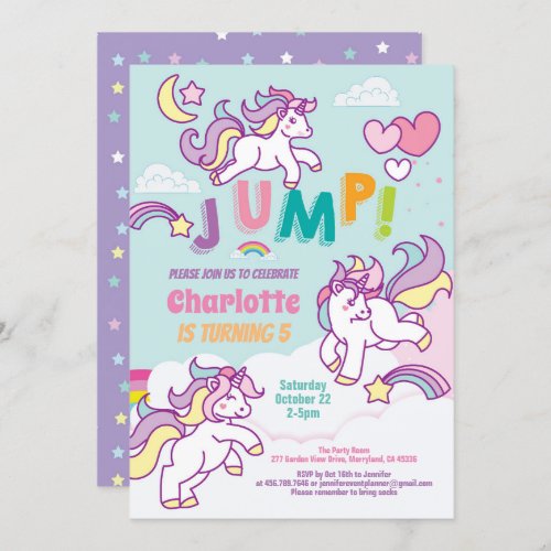 Jump party unicorn girl birthday pastel color invitation
