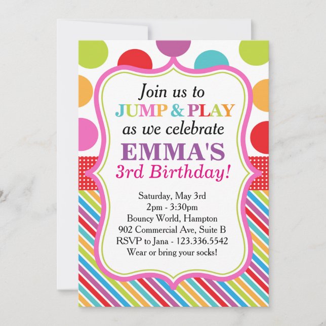 Jump, Play and Bounce Party Invitation (Pink) (Front)
