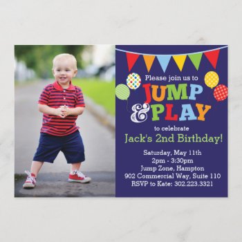 Jump & Play Balloons Photo Invitation (navy Blue) by modernmaryella at Zazzle
