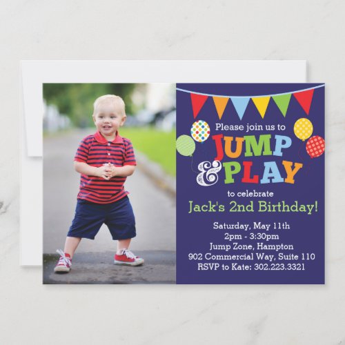 Jump  Play Balloons Photo Invitation Navy Blue