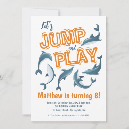 Jump Play Dolphin Park Kids Party Orange Birthday  Invitation