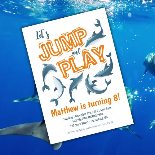 Jump Play Dolphin Park Kids Party Orange Birthday  Invitation