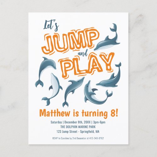 Jump Play Dolphin Park Kids Party Orange Birthday Postcard