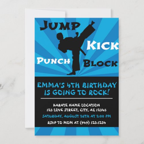 Jump Punch Kick Block Karate Party Birthday Invitation