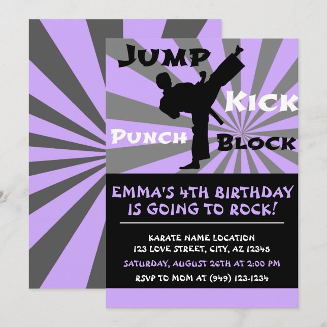 Jump Punch Kick Block Karate Party Birthday Invitation (Front/Back)