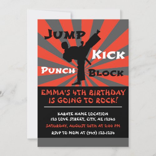 Jump Punch Kick Block Karate Party Birthday Invitation