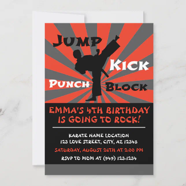 Jump Punch Kick Block Karate Party Birthday Invitation | Zazzle