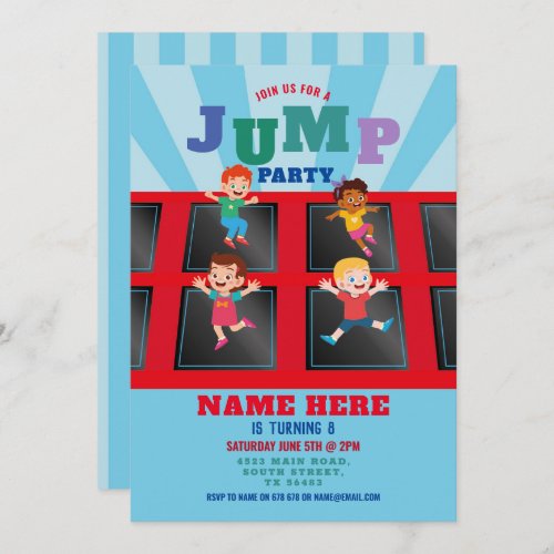 Jump Trampoline Birthday Blue Boys Invitation