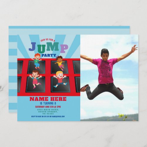 Jump Trampoline Birthday Blue Boys Photo Invitation