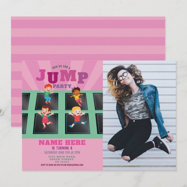 Jump Trampoline Birthday Girls Pink Photo Invitation (Front/Back)