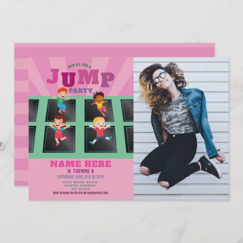 Jump Trampoline Birthday Girls Pink Photo Invitation