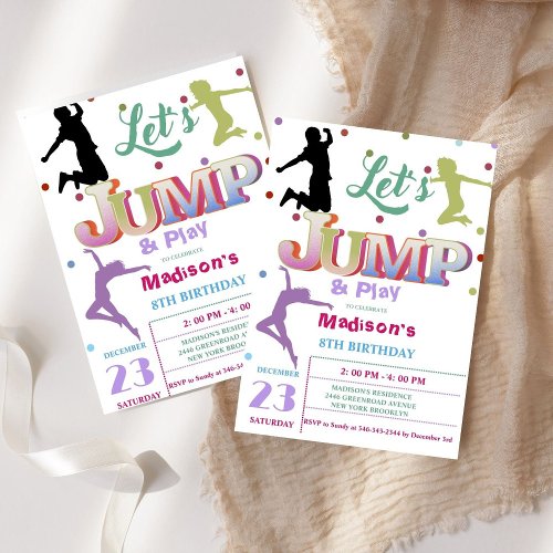 Jump Trampoline Colorful girl birthday party Invitation