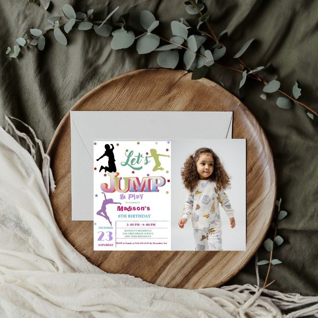 Jump Trampoline Colorful Photo girl birthday party Invitation (Creator Uploaded)
