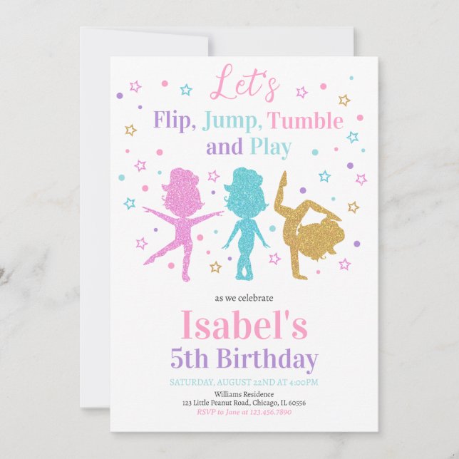 Jump Tumble Gymnastics Birthday Invitation (Front)