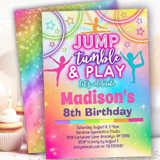 Jump Tumble & Play Rainbow Gymnastics Birthday Invitation