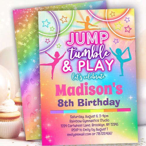 Jump Tumble  Play Rainbow Gymnastics Birthday Invitation