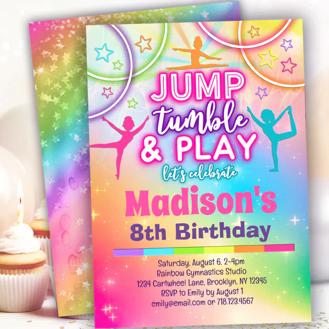 Jump Tumble & Play Geburtstagseinladungen – 20 Karten Mit Umschlägen, Neonrosa Folie, Gymnastik-Motiv | 10,2x15,2 Cm, Zum Selbstausfüllen