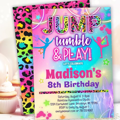 Jump Tumble  Play Rainbow Leopard Gymnastics Invitation