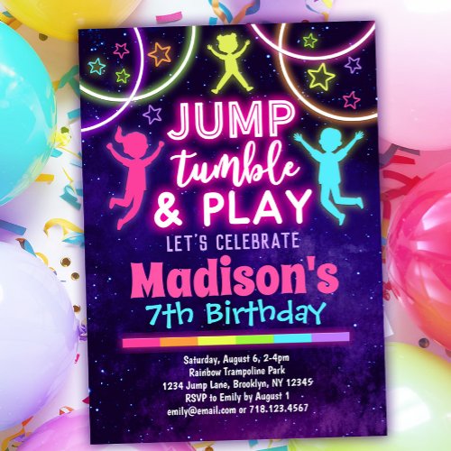 Jump Tumble  Play Trampoline Park Girls Birthday Invitation