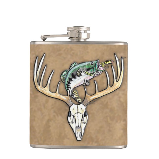 Jumping Bass Big Rack Deer Horns Drinking Flask (Front)