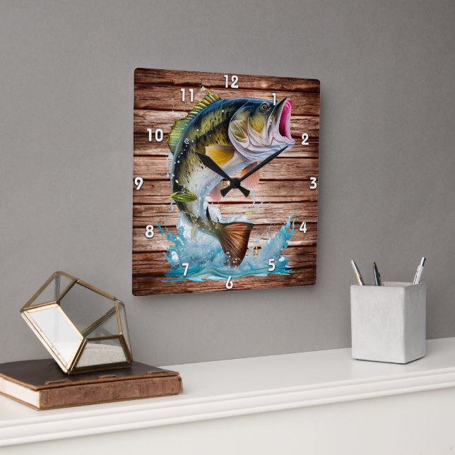 Jumping Bass Gone Fishing Square Wall Clock (Office)