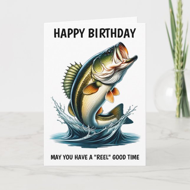 Jumping Bass Happy Birthday Card For The Fisherman (Front)