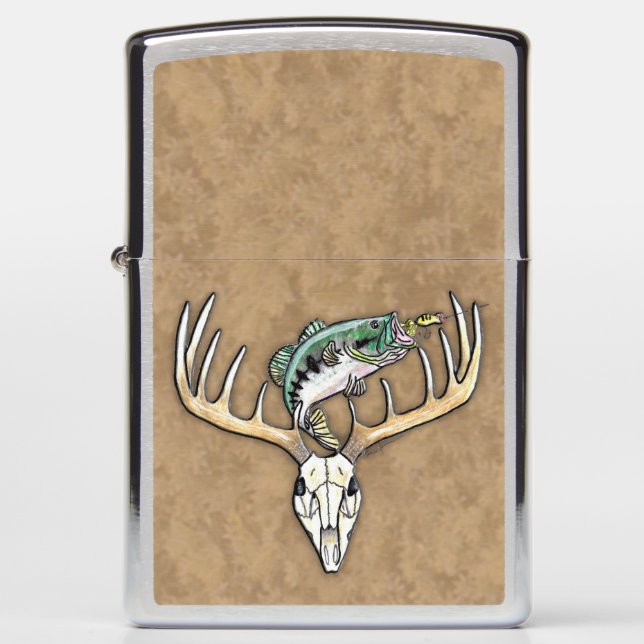 Jumping Bass Large Horns Deer Skull Zippo Lighter (Front)