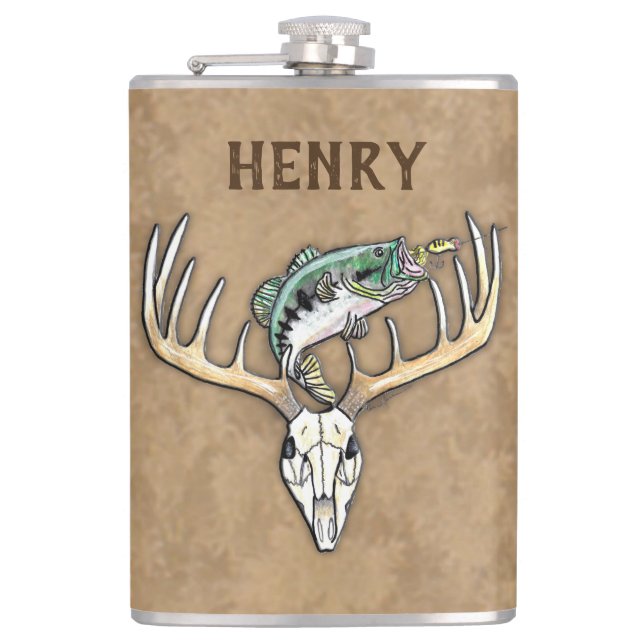 Jumping Bass Large Rack Deer Skull Flask (Front)