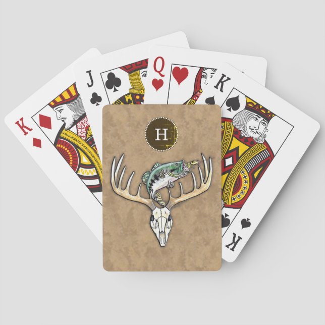 Jumping Bass Over Big Buck Deer Skull Monogram Poker Cards (Back)