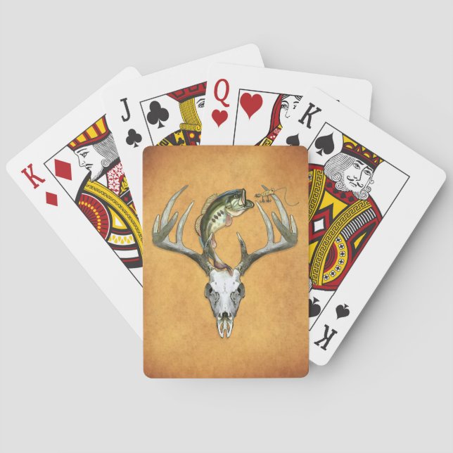 Jumping Bass Over Big Buck Deer Skull Poker Cards (Back)