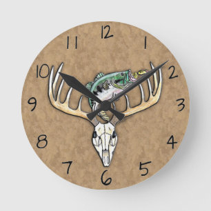 Jumping Bass over Deer Skull Antlers Round Clock