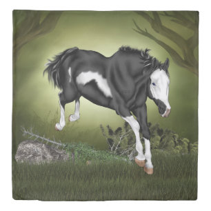 Jumping Black and White Paint Horse Print Duvet Cover