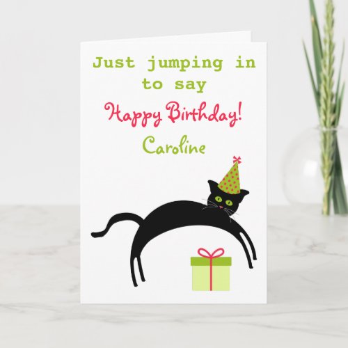 Jumping black cat funny birthday card