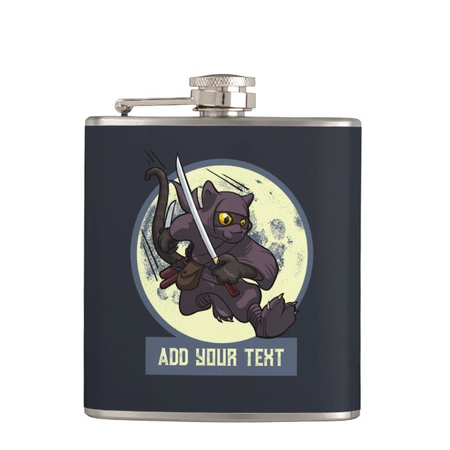 Jumping Black Cat Ninja Alternative Animal Artwork Flask (Front)