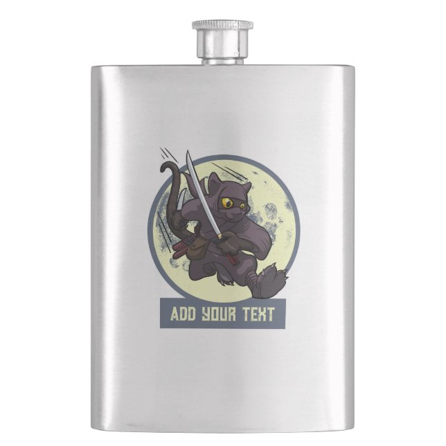 Jumping Black Cat Ninja Alternative Animal Artwork Flask (Front)