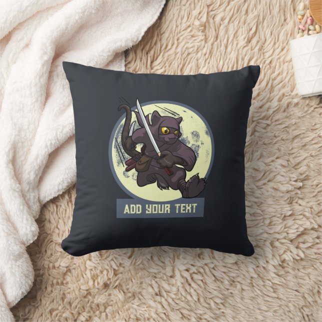 Jumping Black Cat Ninja Custom Text Animal Artwork Throw Pillow (Blanket)