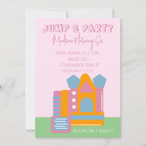 Jumping Bouncing Party Bounce House Birthday  Pink Invitation