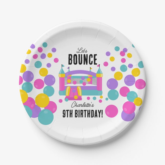 Jumping Bouncy Castle Girls Birthday Party Paper Plates (Front)