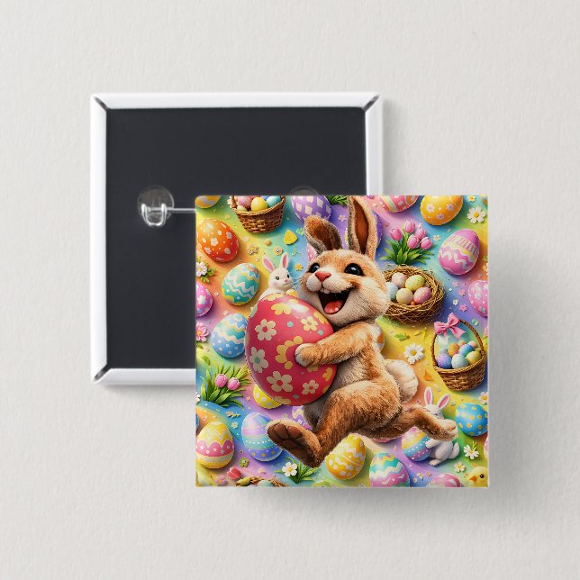 Jumping bunny and floral egg whimsical Easter wall Button (Front & Back)