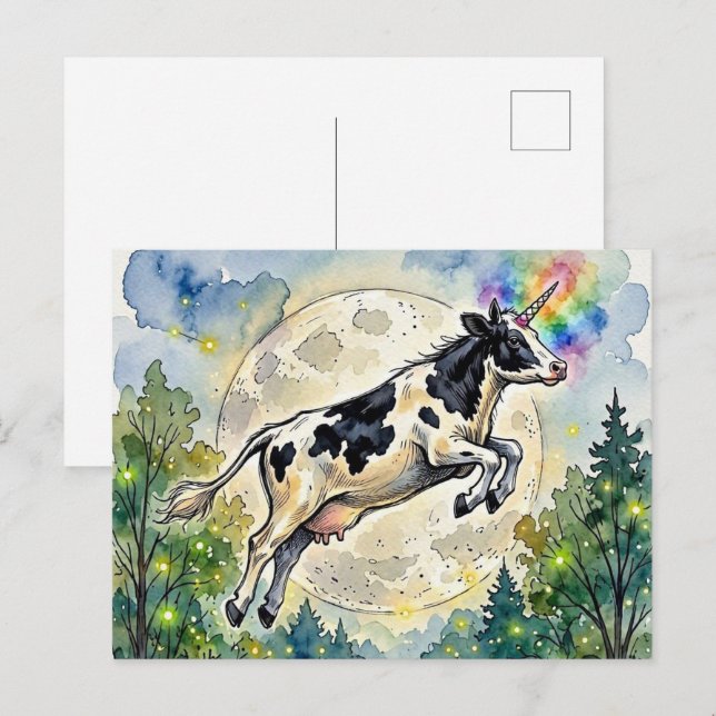 Jumping Dairy Cow Unicorn and the Moon Postcard (Front/Back)