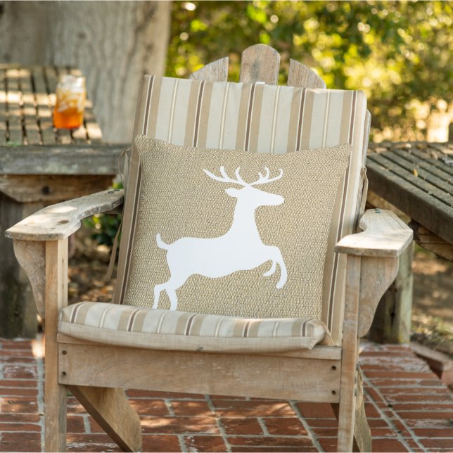 Jumping Deer On Faux Jute Linen Look Outdoor Pillow (Chair)