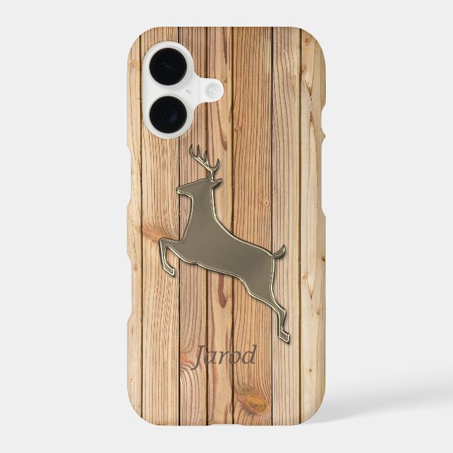 Jumping Deer Silhouette on Wood Panel iPhone Case (Back)