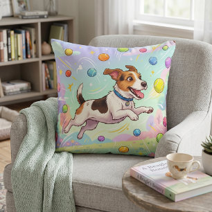 Jumping Dog Chasing Balls Cute Whimsical Throw Pillow
