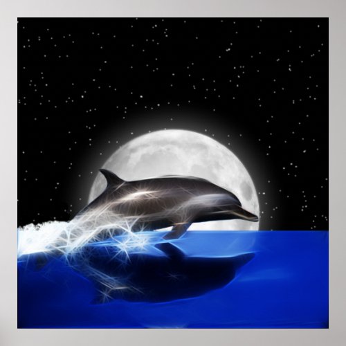 Jumping Dolphin and Moon Poster