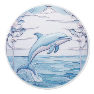 Jumping Dolphin Art Nouveau Faux Relief Light Blue Ceramic Knob